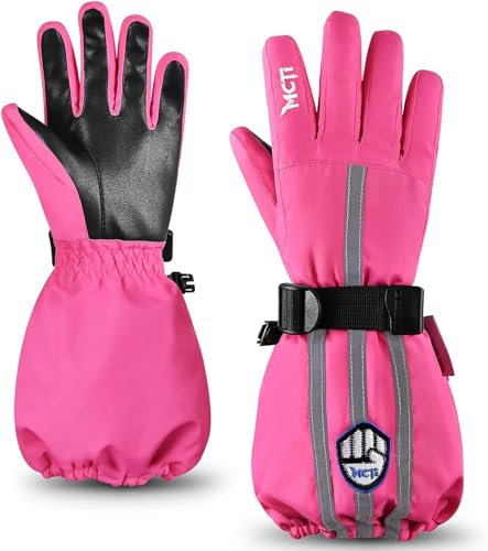 MCTi Kinder Skihandschuhe Wasserdicht Warm Schnee Winter Handschuhe Lange Stulpe Fleece gefüttert mit reflektierendem Riemen Jungen Mädchen