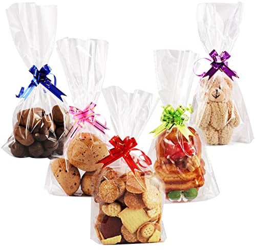 Hemiks 50 Pcs Sachet Bonbon Transparent avec Fond, 15 x 25cm Anniversaire Sachet Plastique avec 50 Nœuds de Couleurs Mélangées pour Emballage Biscuit Chocolat de Noël