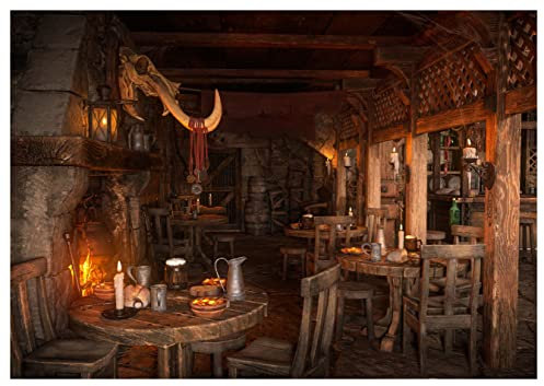 wandmotiv24 Fototapete Mittelalter Raum Fantasy, XXL 400 x 280 cm - 8 Teile, Wanddeko, Wandbild, Wandtapete, Wikinger Gasthaus Kamin M6891