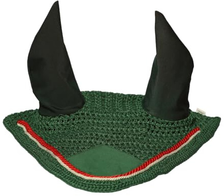 Spire - Velo antimosche in morbido crochet per cavalli, cappuccio con rete in cotone traspirante, maschera protettiva per mosche (Cob, Verde scuro/Rosso/Bianco)