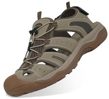 GRITION Outdoor Sandalen Herren, Verstellbaren Trekkingsandalen Herren Wandersandalen Geschlossene Zehe zum Sommer Sport Strand Beige 43EU MEHRWEG