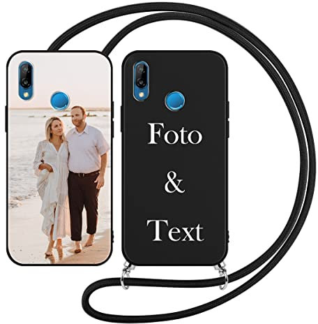 Yoedge Coque Personnalisable avec Cordon pour Huawei P20 Lite Personnalisée 5,84, Étui Colliers Silicone Housse Personnaliser Custom avec Photo Image Texte Nom Noir Cover pour Huawei P20 Lite