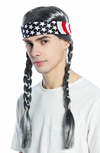 WIG ME UP - CW-021-P103MPC309 Perücke Bandana Set Karneval Fasching alter Biker geflochtene Zöpfe schwarz-grau-meliert lang 70er
