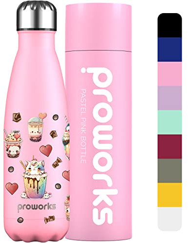 Proworks Performance Stainless Steel Sports Water Bottle | Double Insulated Vacuum Flask for 12 Hours Hot & 24 Hours Cold Drinks, Home, Work, Gym & Travel - 500ml - Pastel Pink - Bubble Tea