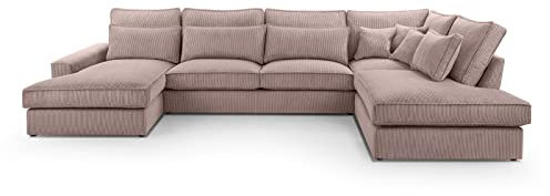 BETTSO -Ecksofa Großes U-Form Couch, Couchgarnitur, Eckcouch, Sofa,Ecksofa mit Kissen und Armlehnen aus Cordstoff-Valentino U (Puder Rosa, Links)