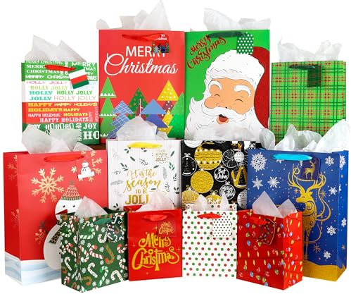 Giiffu Glitzer Geschenktüten Weihnachten12 Stück, Weihnachtstragetaschen, Wiederverwendbare ​Weihnachtstüten, Weihnachtstüte Geschenktaschen für Geschenke (12 Design 3 Größen)