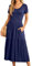GRECERELLE Womens Summer Maxi Dress Casual Short Sleeve Crew Neck Swing Flowy Tiered Party Dresses with Pockets for Weddings, Holidays (Navy Blue, M)