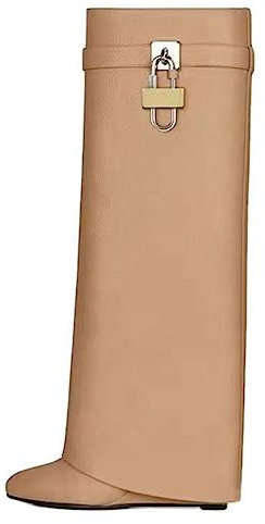 Omeslike Stivali a metà Polpaccio con Tacco a Zeppa da Donna, Stivali Alti al Ginocchio in Pelle Sintetica Moda Casual con Tacco Alto a Punta, Stivali Alti Autunno Inverno,Beige,39