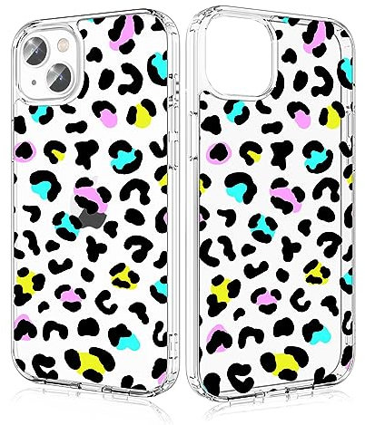 Losvick For iPhone 13/ iPhone 14 Case, Colorful Leopard Print Transparent Hybrid Protective Case Hard PC + Shockproof TPU Bumper for iPhone 13/ iPhone 14, 6.1 Inch - Colorful Leopard Print