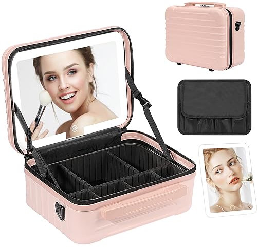 Deciniee Makeup Bag with LED Mirror: Travel Makeup Case with Light 3 Setting - Professional Organiser Bag with Removable Compartments for Women - Pink