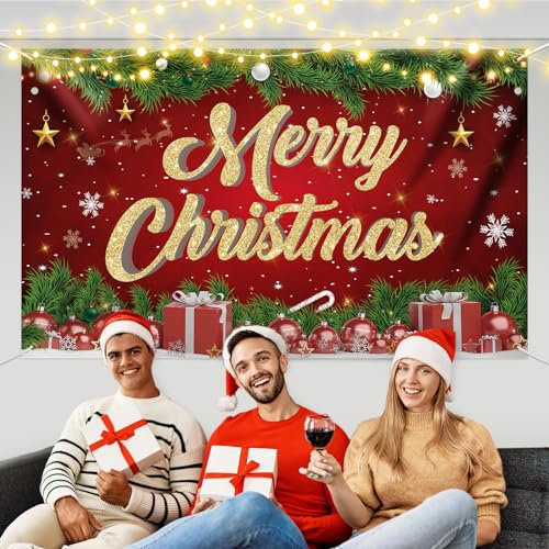 Minicoco Large Christmas Backdrop Banner, Red Fabric Christmas Decoration, Xmas Background Decoration Banner for Indoor/Outdoor Use