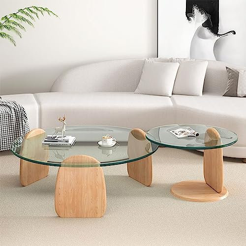 Table Basse Ronde avec Plateau en Verre, Table Basse d'appoint en Verre trempé avec Cadre en Bois, Table d'extrémité Circulaire Simple et Moderne, Table Centrale Transparente, Petite Table d'appoint