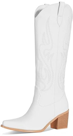 MIRAAZZURRA Stivali da cowboy da donna western con punta in pizzo ricamata, stivali da cowgirl, bianco, 37 EU