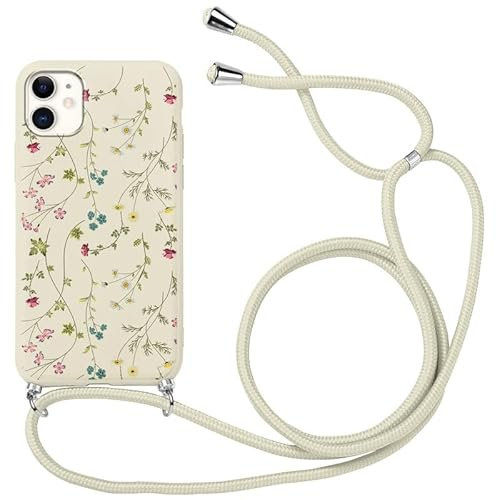 Xylota Handykette Handyhülle für iPhone 12/iPhone 12 Pro 6,1 Hülle mit Band, Einstellbar zum Umhängen Kordel Aesthetic Case mit Muster Blumen, Weich TPU Dünn Silikon Stoßfest Schutzhülle Cover,Beige