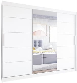 Easy4You LVI 250 cm Weiß Schiebetüren Kleiderschrank 250x215x58 cm mit Spiegel - Schlafzimmermöbel, Aufbewahrung - Mehrzweckschrank