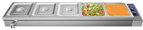 TAIMIKO Bain Marie Electric Food Warmer 1800W Commercial Stainless Steel Buffet Wet Well Sauce Drain Tap Gastronorm Container Catering Restaurants 30-85°C Temperature Control (5x 1/2GN Pan)