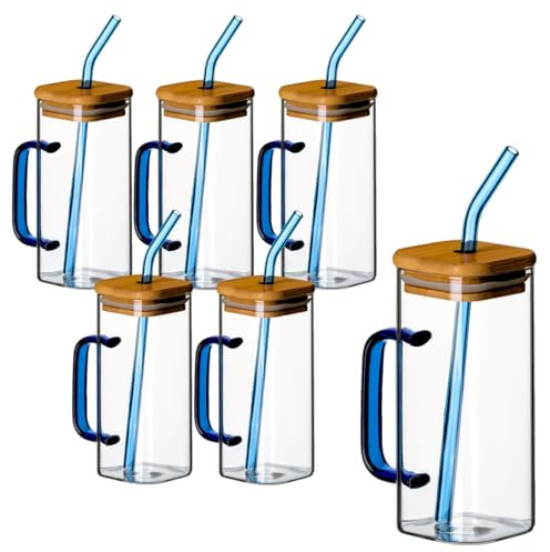 gouveo 6er Set Trinkgläser 350 ml mit Henkel BLAU, Deckel und Strohhalm - Cocktail Gläser aus Borosilikatglas - Longdrinkgläser mit Griff - Glasbecher für Kalt- & Heißgetränke (TGE350HB)