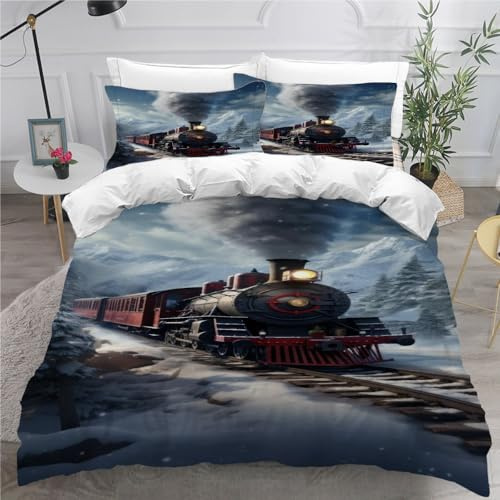 ARiXIaNg Zug Eisenbahn Bettwäsche 135x200 Kinder Jungen Mädchen Retro-Dampfwagen Bettwäsche-Set mit Reißverschluss Weiche Mikrofaser Bettbezug 3D Druck Bettbezüge mit 2 Kissenbezug 80x80