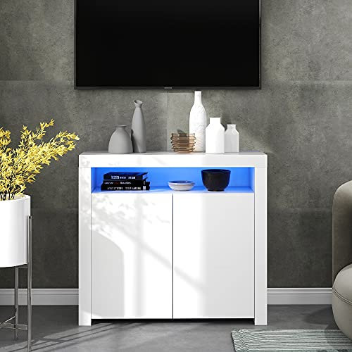 VSOGA Commode blanc brillant avec lumière LED pour salon, kitchenette, buffet, meuble TV, vitrine de rangement