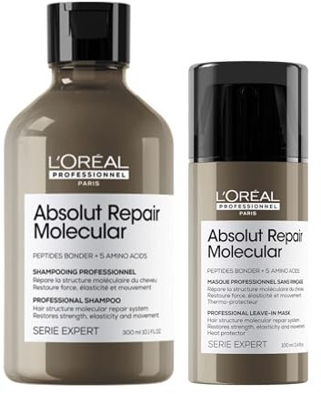 L'Oréal Professionnel Pflegeduo für strukturgeschädigtes Haar, Zur molekularen Tiefenreparatur, Mit Peptidbondern und Aminosäuren, Serie Expert, Absolut Repair Molecular Shampoo & Leave-in