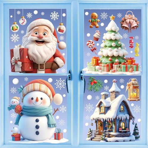 SINSOM Fensterbilder Weihnachten -3D Visuelle Weihnachtsfensterbilder Doppelseitig,Selbstklebend Weihnachts Fenstersticker Wiederverwendbar, Winter Weihnachtsdeko Fenster, Fensterfolie Weihnachten