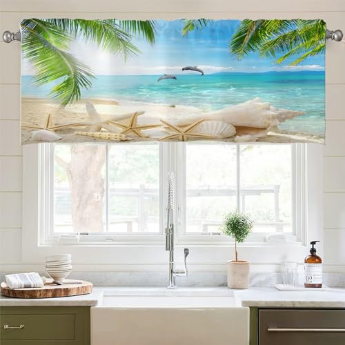 Lirzxin Bistrogardine, Moderne Scheibengardinen Blickdicht Gardine Stores Kokospalme Strand Muster Polyester Kurzer Gardine für Wohnzimmer Bad Landhaus, 137x45CM, Blau Grün, 1 Stück