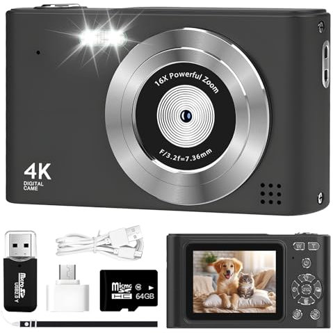 Digitalkamera,4K Autofokus Fotoapparat Fotokameramit 64G SD-Karte 64MP,16X Digitalzoom with 2,7 großem Bildschirm,Digitalzoom Tragbar Kompaktkamera (schwarz)