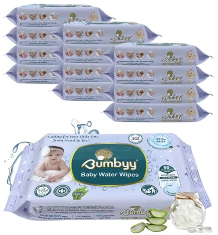 Bumbyy Water Based Wipes Baby – 720 Unscented Wet Wipes with 99.9% Pure Water, Natural, Biodegradable & Plastic-free with Aloe Vera & Chamomile Extract for Sensitive Skin - 60 Each (Pack of 12)