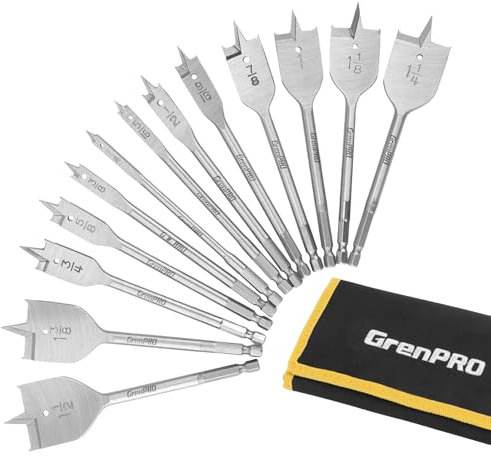 GRENPRO Spade Drill Bit Set in SAE 13PC Paddle Flat Bits for Woodworking, Nylon Storage Pouch Included