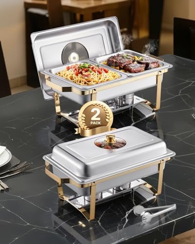 VEVOR Chauffe-Plat Rectangulaire 2PCs 4 L, Buffet Chauffant avec 4 Bacs Demie Taille, Réchaud en Acier Inoxydable avec Couvercle en Verre, pour Buffet Libre-Service Hôtel Traiteur Restauration, Doré