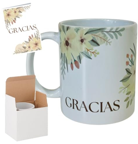 MOLIVELL Taza de Cafe GRACIAS con Tarjeta a juego | Regalos Originales para Mujer, Hombre, Familia, Amigo | Tazas Originales para Regalar | Taza de Cerámica de 325ml | Agradecimiento | Caja Blanca
