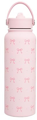 DSXVJHD Pink Bow Water Bottle, 1000ml Double-Walled Insulated Water Bottle for Women Girls, Stainless Steel Water Bottle with Straw, Portable Handle Thermos