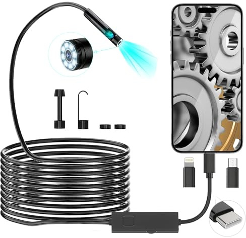 POWZOO Caméra Endoscopique Double Lentille 3-en-1 – 5m Semi-Rigide | 1920 HD + 8 LED,Pour Android/iOS/Samsung,Inspection Mécanique, Plomberie,Automobile,Facile à Utiliser