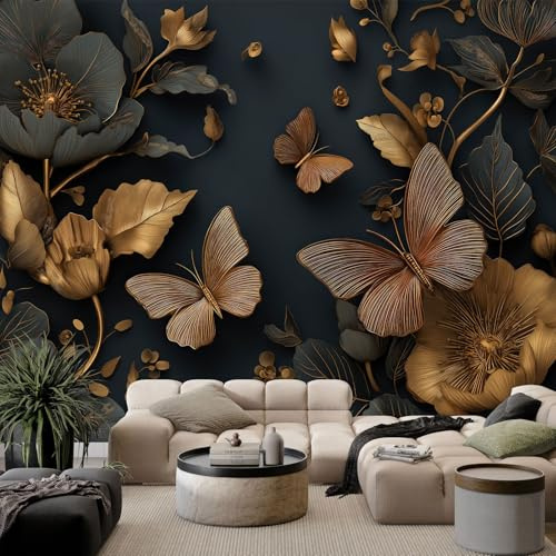 Générique Papier Peint Panoramique 3D Sculpture Insectes Fleurs 400 x 280 cm Photo Décoration Murale pour Salon Adulte Chambre d'Enfants Fond TV - Noir
