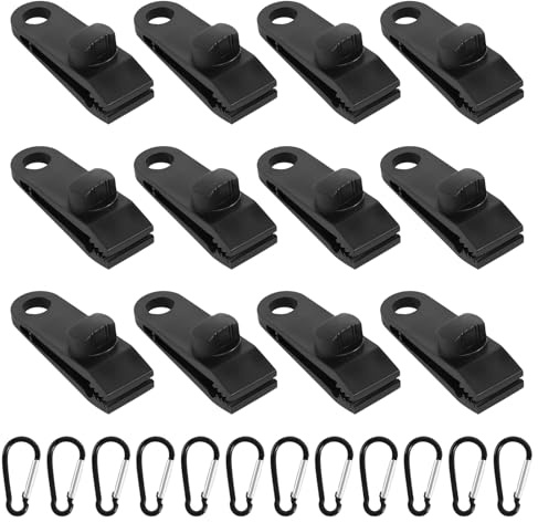 VUTYNKO 24 Stück Planenspanner Tarp Clips Set, 12 Zeltplanen Planenclips Kunststoff mit 12 Karabiner Clips, Einstellbar Zeltklammern Planenhalter für Planen Markisen Zelte Vordächer