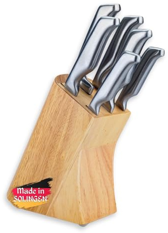 GGS Solingen Küchenmesser Set 7-teilig mit Holz-Messerblock – Edelstahl Messerset, Kochmesser Brotmesser Set, eisgehärtet, handgeschärft, rostfrei, komplettes Messerset, Geschenkset, Made in Germany