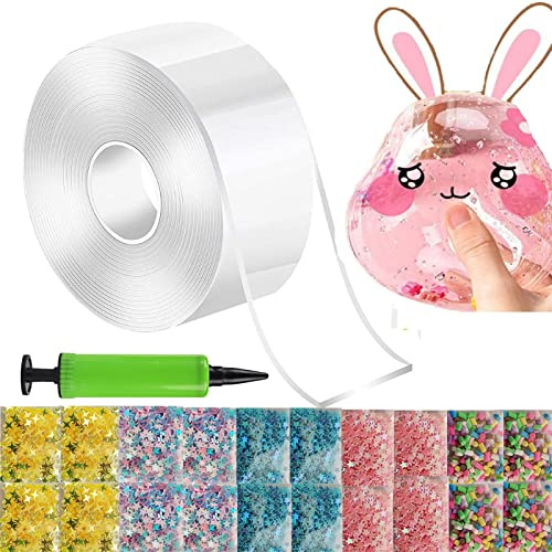 Nano Tape Bubbles Set, 2 Tape(3cmx1m)+20 Stiftung, DIY Nano Tape für Luftpolster-Bälle, Doppelseitiges Klebeband zum Aufblasen Inkl, Pailletten, Sticker & Pumpe, Kreatives Geschenk für Kinder