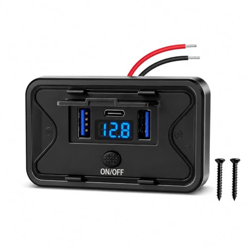 TNSLAND 78W 3 Puertos Cargador USB Coche 12V Montaje en Pared, PD Doble 36W y QC3.0 18W Ligero Montaje en Superficie Panel de Toma de Cargador con Interruptor de botón para autobús RV Camión Marina