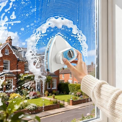 Magnetic Window Cleaner for Single and Double Glazed Windows, Double-Sided Glass Cleaning Tool with 8-Level Adjustable Magnet, Triangular Design, Safety Rope Included, Fits 5–35mm Glass