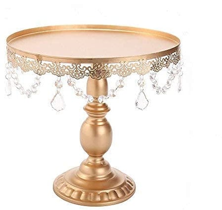 Antique Cake Stands with Crystals Hanging Bead, Round Metal Plate Holder for Dessert Cupcake|Ideal for Wedding Birthday Party Cakes Pedestal Display Stand (Gold, L)