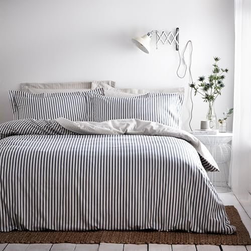 furn. Yard Hebden Mélange Stripe Cotton Duvet Set – Ultra Soft Reversible Striped Bedding (Navy – Single)