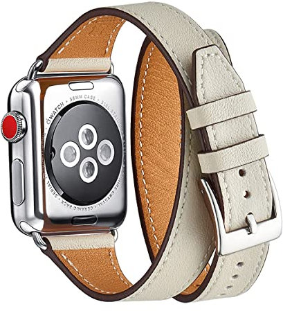 Bestig Compatible for Apple Watch Band 38mm 40mm 41mm, Genuine Leather Double Tour Designed Slim Wrap Replacement Strap for iWatch Series 8 7 6 SE 5 4 3 2 1 Women Men (Ivory White+Silver)