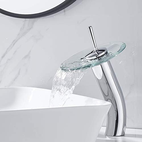 RODDEX Wasserfall Badezimmer Wasserhahn Glas Einzelgriff Massives Messing Waschbecken Toilettengefäß Waschtisch Wasserhahn Hoch, poliertes Chrom ..