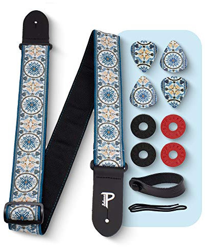 Perri's Leathers Ltd-Guitar Strap-Bundle-BONUS-3 Medium 0.71mm Guitar Picks, 1 Leather Acoustic Adaptor, 4 Strap Locks (Blue Mandala)