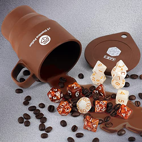 DND Coffee & Sugar Themed Dice Set (14 PCS) mit +3 Stamina Trank Silikon Becher zur Aufbewahrung, 7 Polyedrische Gaming Würfel für Dungeons and Dragons, Pathfinder und Tabletop RPG