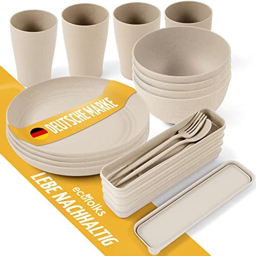 Ecofolks Umweltfreundliches Camping-Geschirrset – 100% Recyceltes Material | Mehrweg, Bunt, Für Wohnmobil, Picknick, Outdoor & Kinder | Farbe Beige