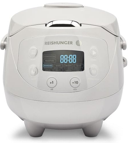 Reishunger Digital Mini Rice Cooker & Rice Steamer (0.6 litres for 3 people) - Grey - Keep Warm Function & Timer - Premium Inner Pot - Small Multi Cooker with 8 Programmes & 7-Phase Technology