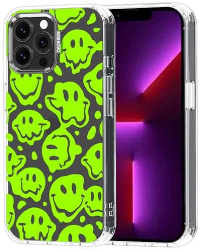 MOSNOVO Case for iPhone 13 Pro Max, [Buffertech 6.6ft Military-Grade Drop Protection] [Anti Peel Off Tech] Clear TPU Bumper Phone Case Cover Design - Distorted Green Smiles Face