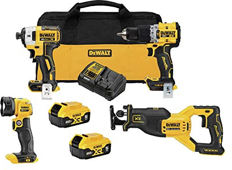 DEWALT 20V MAX XR Power Tools Combo Kit, Hammer Drill, Impact Driver, Reciprocating Saw, and Work Light, 4-TOOL (DCK449P2)