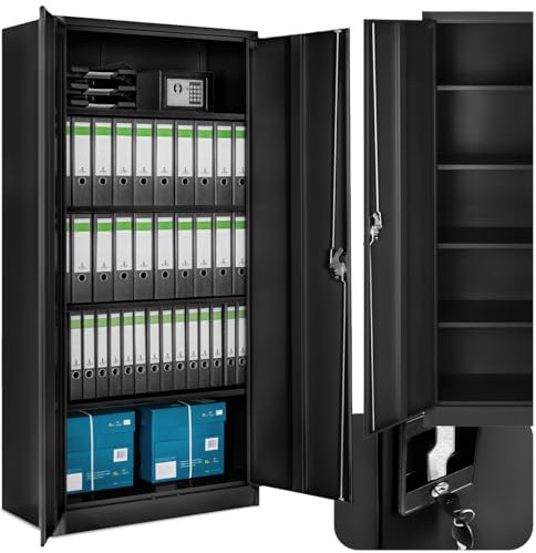 TecTake® Metal Storage Unit, Lockable with 4 Adjustable Shelves & 2 Doors, Lockable Filing Cabinet - Ideal as Home, Office & Garage Storage Cabinet, 180x80x40 cm - Black